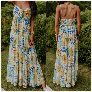 Flying Tomato Sleeveless Tropical Floral Print Tiered Ruffle Maxi Dress